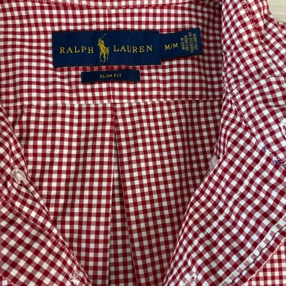 Ralph Lauren Slimfit Red Gingham Check Button Down Shirt Medium Polo Logo Cotton - Picture 2 of 6